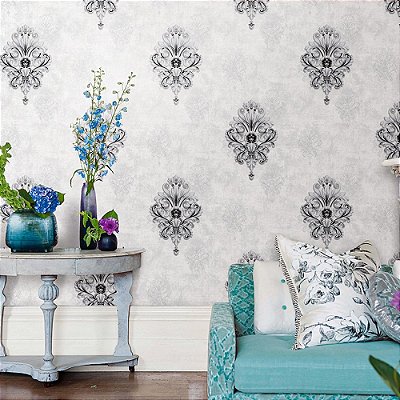 Papel De Parede Importado Vinílico Lavável Arabesco Cinza
