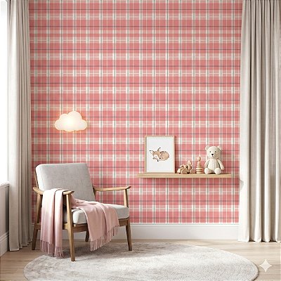 Papel De Parede Vinílico Texturizado Rosa Xadrez Lavável 10m