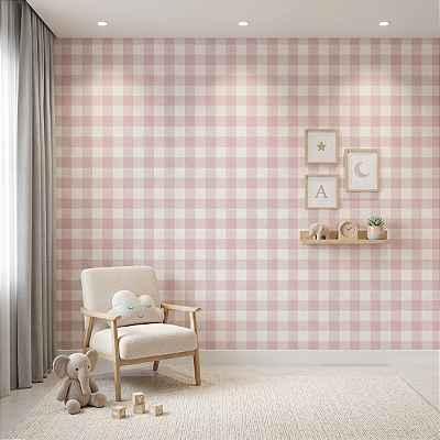 Papel De Parede Xadrez Rosa Vinílico Texturizado Lavável
