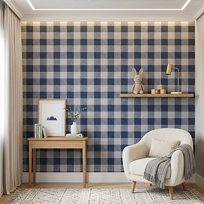 Papel De Parede Vinílico Xadrez Azul Lavável Texturizado