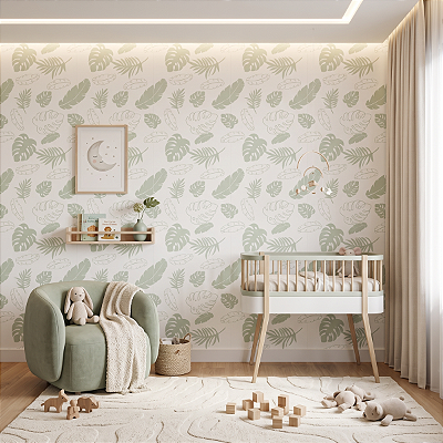 Papel De Parede Vinílico Texturizado Verde Claro Folhagens