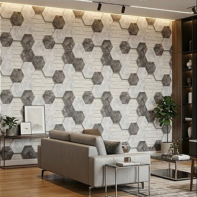 Papel De Parede Vinílico Hexágono Branco Cinza Texturizado