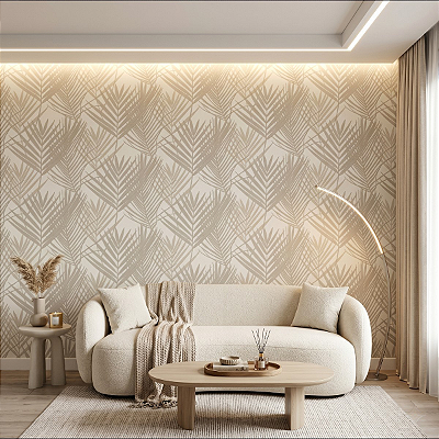 Papel De Parede Vinílico Texturizado Folhas Bege Lavável