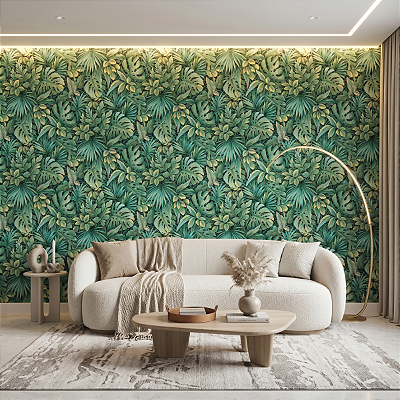 Papel De Parede Vinílico Verde Tropical Folhagem Texturizado