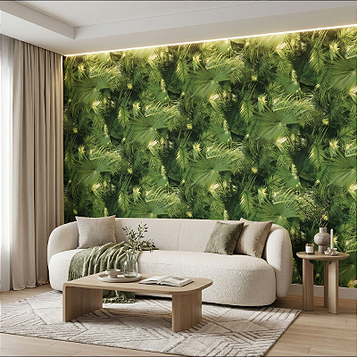 Papel De Parede Vinilico Texturizado Verde Tropical Folhagem