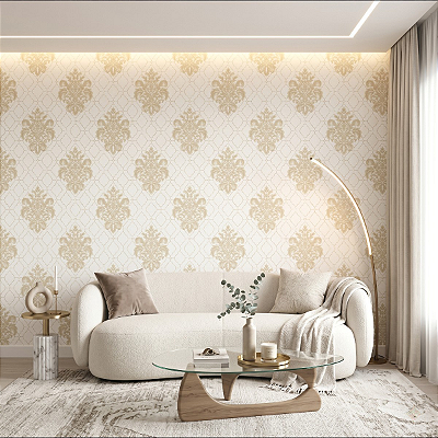 Papel De Parede Lavável Branco Off White Floral Damask Bege