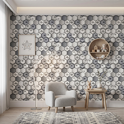 Papel De Parede Rolo Hexagonos 3d Cinza Para Escritorio