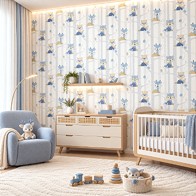 Papel De Parede Vinílico Infantil Bichos Azul E Branco
