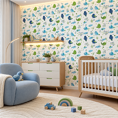 Papel De Parede Vinílico Azul Verde Corações Infantil