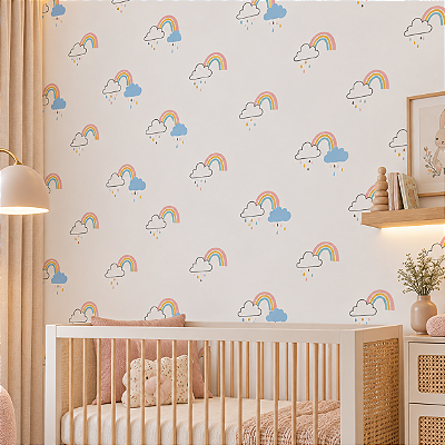 Papel De Parede Infantil Chuva De Amor Nuvem Arco Íris