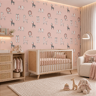 Papel De Parede Rosa Pastel Safari Baby Lavável Texturizado