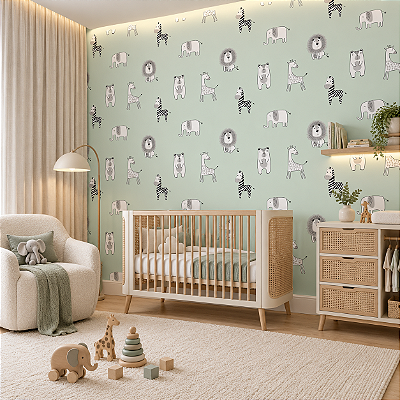Papel De Parede Infantil Vinílico Verde Menta Leão Girafa