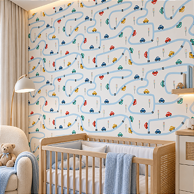 Papel De Parede Infantil Lavável Textura Carro Cidade Estrada