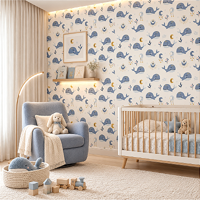 Papel De Parede Infantil Azul Baleia E Estrelas Vinílico