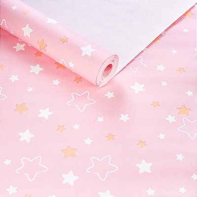 Papel De Parede Importado Tnt Lavável Rosa Estrelas Infantil