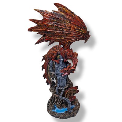 Estátua Dragão Vermelho Medieval No Castelo Em Resina 60 Cm
