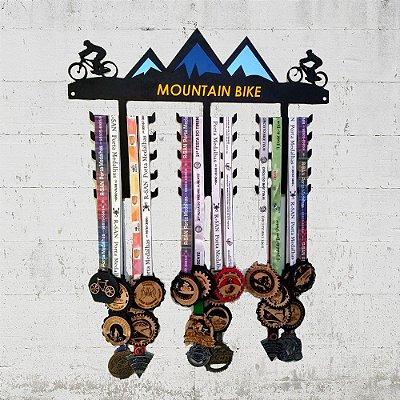 Porta Medalhas Mountain Bike preto, azul royal e verde água