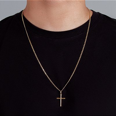 Corrente Grumet 70cm 2mm Fecho Tradicional + Pingente Cruz Palito Lisa (19x29mm) Banhada A Ouro 18k COR010-PIN012