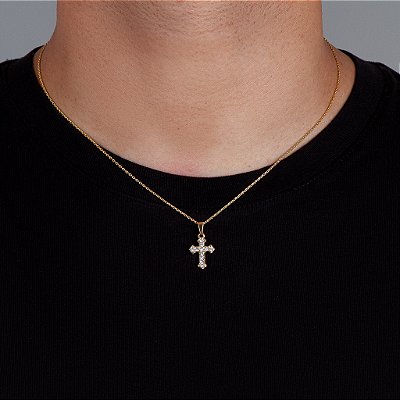 Corrente Elo Cadeado 50cm 1,2mm + Pingente Cruz Cravejada (13,2X19,7mm) Banhado A Ouro 18k COR026-PIN060