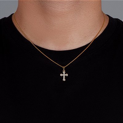 Corrente Veneziana 50cm 1mm + Pingente Cruz Cravejada (13,2X19,7mm) Banhado A Ouro 18k COR009-PIN060