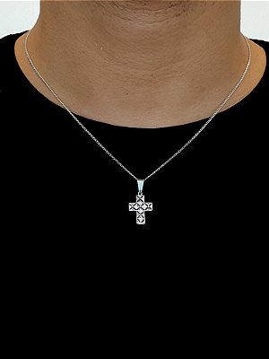 Corrente Grumet 50cm 1,4mm + Pingente Cruz Cravejada e Vazada (15X21mm) Banhado A Ouro Branco COR005-PIN016