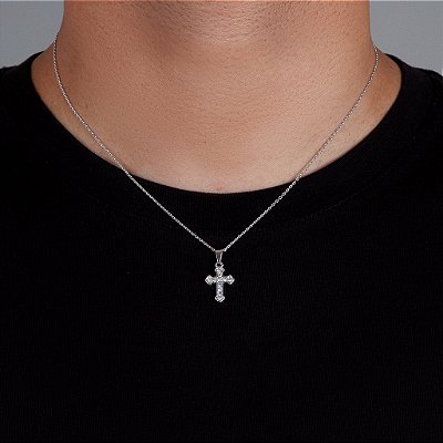 Corrente Elo Cadeado 50cm 1,2mm + Pingente Cruz Cravejada (13,2X19,7mm) Banhado A Ouro Branco COR013-PIN069