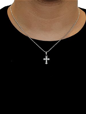 Corrente Cordão Baiano 50cm 1,6mm + Pingente Cruz Cravejada (13,2X19,7mm) Banhado A Ouro Branco COR001-PIN069