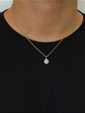 Corrente Elo Cadeado 50cm 1,2mm + Pingente Smile Redondo Cravejado (9,5mm) Banhado A Ouro 18k COR026-PIN005