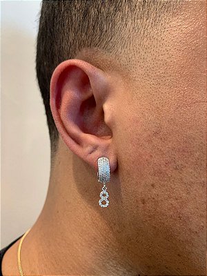 Brinco Masculino Par Argola Cravejada Com Número 8 + Letra (escolher) Pendurada (9,8X8,8mm) Banhado A Ouro Branco BRIN00