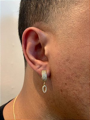 Brinco Masculino Par Argola Cravejada Com Número 0 + Letra (escolher) Pendurada (9,8X8,8mm) Banhado A Ouro 18K