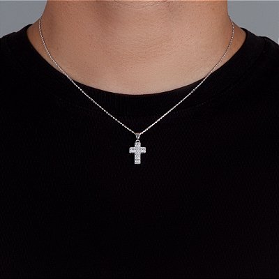 Corrente Elo Cadeado 50cm 1,2mm + Pingente Cruz Cravejada (20X12,4mm) Banhado A Ouro Branco COR013-PIN037