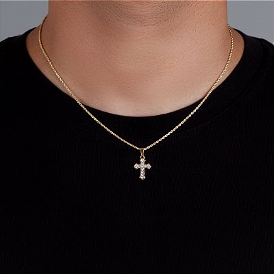 Corrente Cordão Baiano 50cm 1,6mm + Pingente Cruz Cravejada (13,2X19,7mm) Banhado A Ouro 18k COR003-PIN060