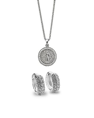 Corrente Grumet 50cm 1,4mm + Pingente São Bento Cravejado (18,5mm) + Brinco Masculino Par Argola Cravejada Com 12 Pedras (11,5X3,9mm) Banhada A Ouro Branco COR005-PIN021-BRI001