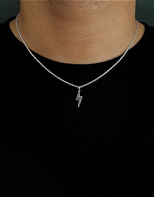 Corrente Cordão Baiano 50cm 1,6mm + Pingente Raio Cravejado Com Pedras Pretas (7,8x21mm) Banhado A Ouro Branco COR001-PI