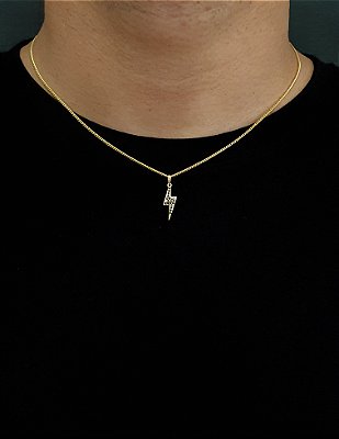 Corrente Grumet 50cm 1,4mm + Pingente Raio Cravejado Com Pedras Pretas (7,8x21mm) Banhado A Ouro 18k COR014-PIN079