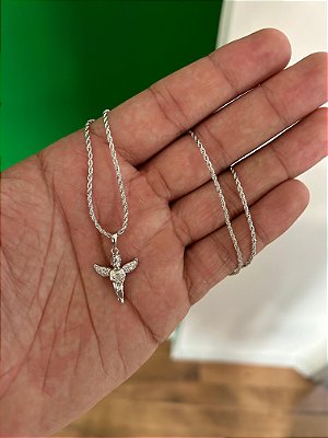 Corrente Cordão Baiano 50cm 1,6mm + Pingente Anjo Cravejado (19x16mm) Banhado A Ouro Branco COR001-PIN095