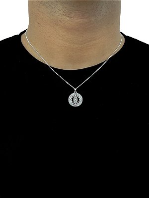 Corrente Grumet 50cm 1,4mm + Pingente Nossa Senhora Redondo Cravejado (20mm) Banhado A Ouro Branco COR005-PIN127