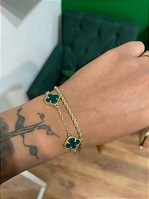Kit Pulseira Trevo Verde + Pulseira Cordão Baiano 3mm Fecho Tradicional Banhada A Ouro 18k PUL053-PUL017