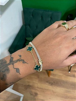 Kit Pulseira Trevo Verde + Pulseira Riviera Retangular 5mm Fecho Gaveta Banhada A Ouro 18k PUL053-PUL040