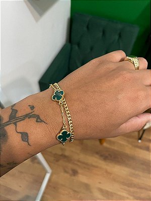 Kit Pulseira Trevo Verde + Pulseira Grumet 4mm Fecho Gaveta Banhada A Ouro 18k PUL053-PUL043