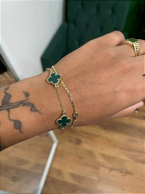 Kit Pulseira Trevo Verde + Pulseira Piastrini 2,5mm Fecho Tradicional Banhada A Ouro 18k PUL053-PUL018
