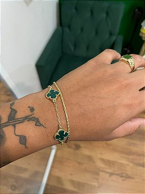 Kit Pulseira Trevo Verde + Pulseira Cordão Baiano 2mm Fecho Tradicional Banhada A Ouro 18k PUL053-PUL022