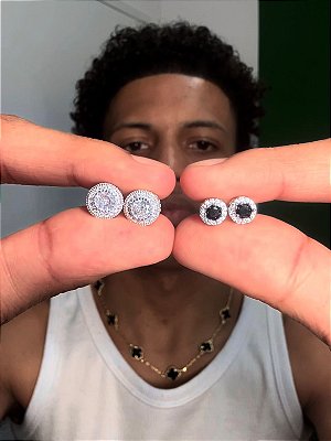 Brinco Masculino Par Redondo Cravejado Fílip 2 (9,5mm) + Par Redondo Cravejado Fílip 1 Pedra Preta (7mm) Banhado A Ouro Branco BRI176-BRI037