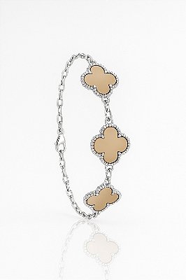 Pulseira Trevo Marrom Banhada A Ouro Branco PUL059