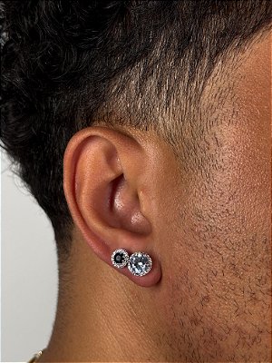 Kit Brinco Fílip Imperial + Brinco Masculino Par Redondo Cravejado Fílip 1 Pedra Preta (7mm) Banhado A Ouro Branco BRI19