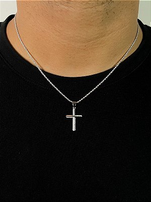 Corrente Cordão Baiano 50cm 1,6mm + Pingente Cruz Linear Banhado A Ouro Branco COR001-PIN132