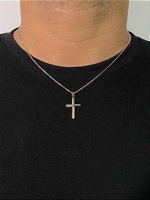Corrente Veneziana 50cm 1mm + Pingente Cruz Linear Banhado A Ouro 18K COR009-PIN130