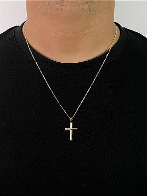 Corrente 3 por 1 - 60cm 1,4mm +  Pingente Cruz Linear Banhada A Ouro 18k COR020-PIN130