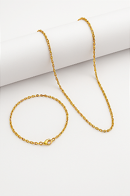 Kit Corrente Elo Cadeado + Pulseira Elo Cadeado 2mm Banhado A Ouro 18K