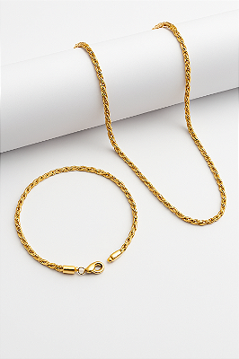 Kit Corrente Cordão Baiano + Pulseira Cordão Baiano 3mm Banhado A Ouro 18K